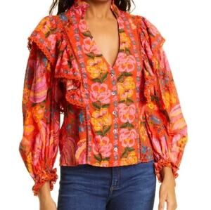 NWOT Farm Rio Red Spring Bananas Ruffle Blouse Top Size Small